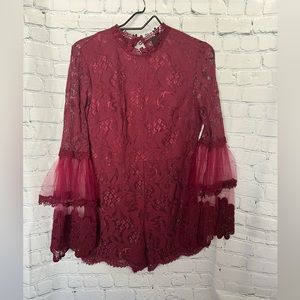 Vici Open Back Maroon Lace Romper